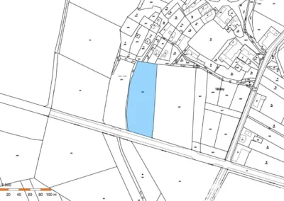 Katastrální mapa developerského projektu se stavebním povolením na výstavbu čtyř rodinných domů v obci Těšínky u Kolína.