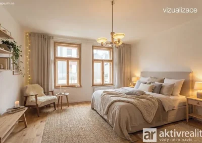 Vizualizace světlé ložnice po rekonstrukci rodinného domu v Sedlčanech