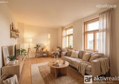 Vizualizace moderního obývacího pokoje po rekonstrukci rodinného domu v Sedlčanech